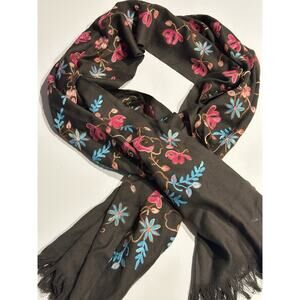 OILILY Women’s Brown w Pink Blue Floral 100% Wool Twill Scarf Double-Side 24x82